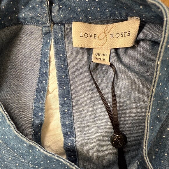Love & Roses Pin Dot Indigo Blue Ruffled Blouse 10 - Picture 4 of 6